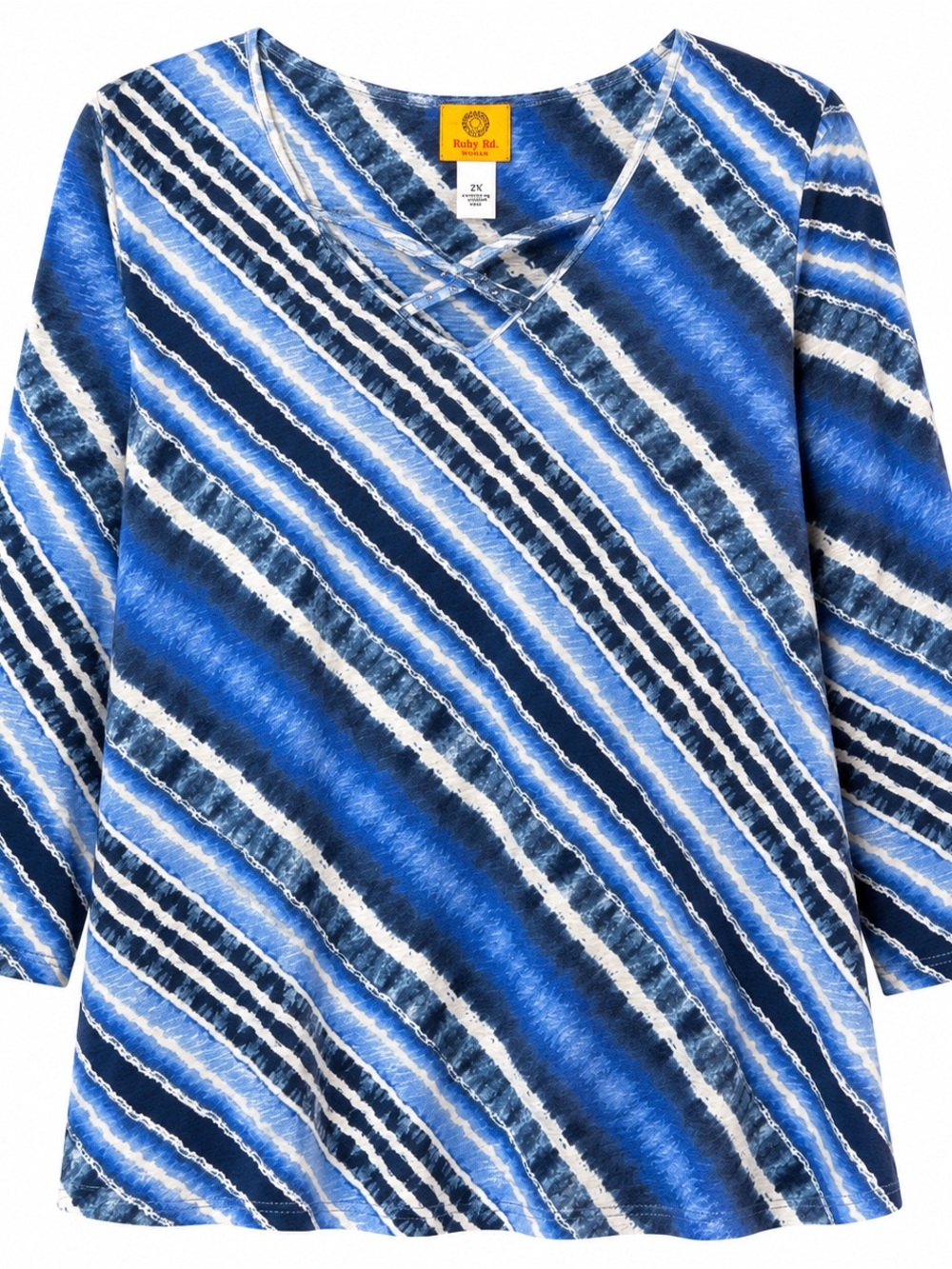 Ruby Rd. Women’s 2X Top Blue Diagonal Stripe V-Neck 3/4 Sleeve Plus Size Shirt